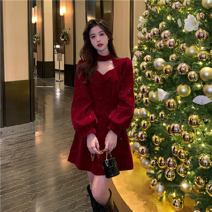Christmas Red Annual Meeting Women's Velvet Dress Autumn And Winter New Temperament