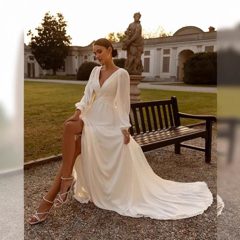 Chiffon Deep V Satin Long Sleeve Light Yarn Gown