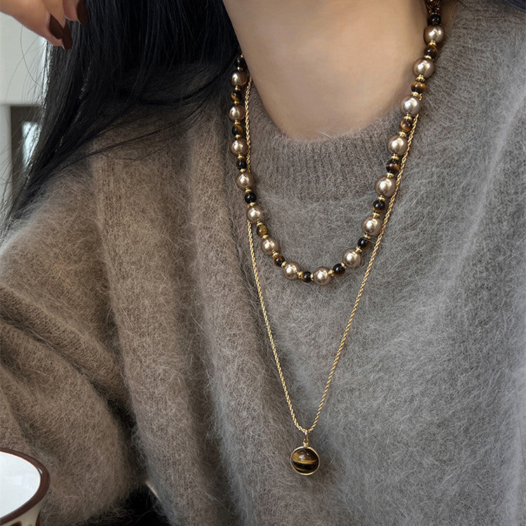 Brown Tiger Eye Pearl Necklace Luxury Chain