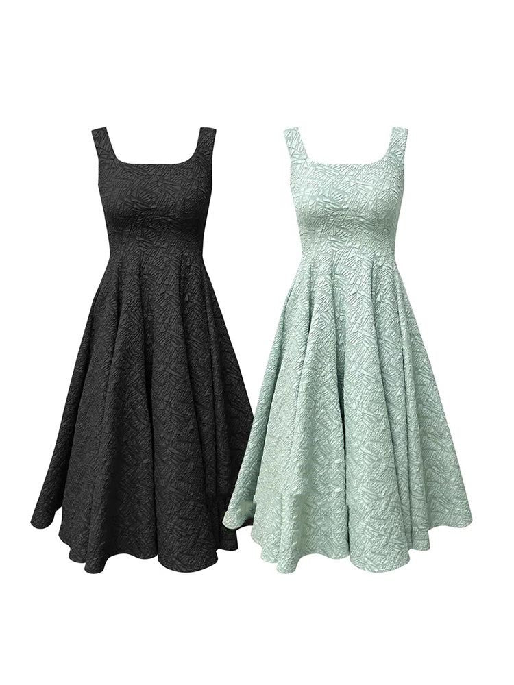 Retro Sling Square Neck Waist Dress Color Tank Top