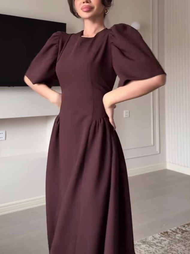 Brown Puff Sleeve Strappy Swing Dress