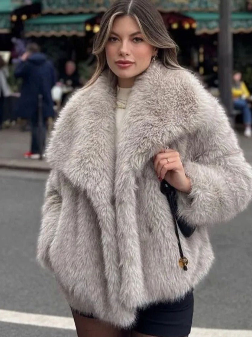 Winter Plush Coat Fashion Warm Thicken Fluffy Lapel Jacket Outwear Long Sleeve