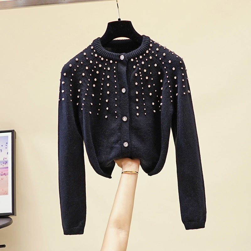Autumn and winter new knitted cardigan women's jacket round neck beaded heavy high waist short thick base sweater sweater net red tide