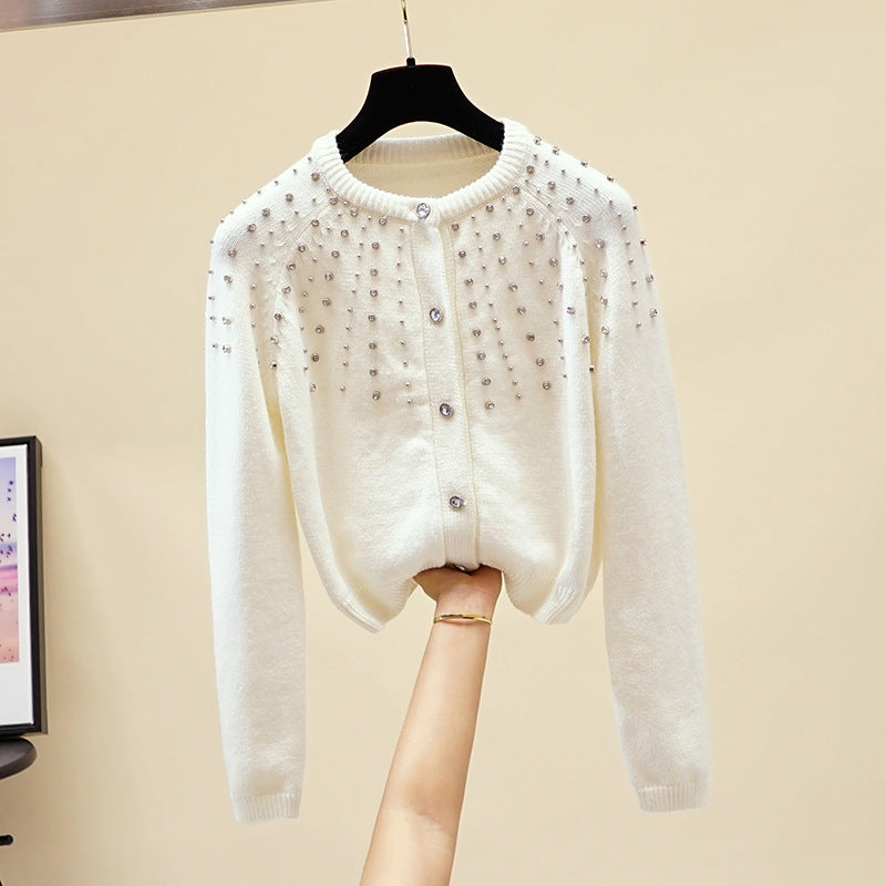 Autumn and winter new knitted cardigan women's jacket round neck beaded heavy high waist short thick base sweater sweater net red tide