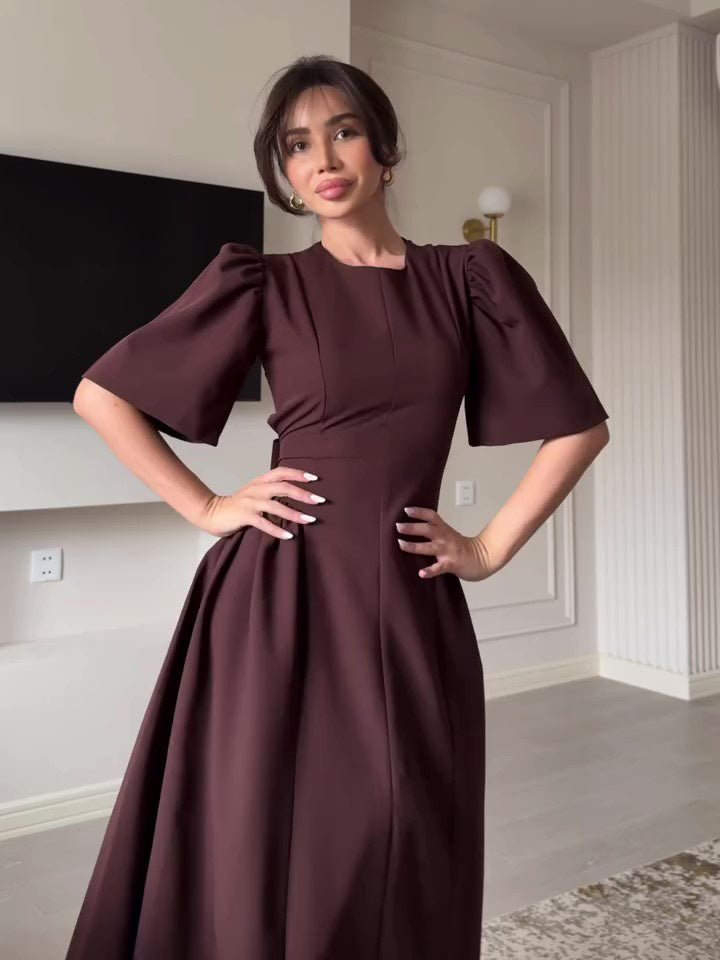 Brown Puff Sleeve Strappy Swing Dress