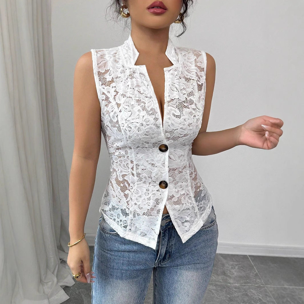 Sexy Young Hollow Chest Jacquard Design See-through Lapel Skinny Lace Cardigan