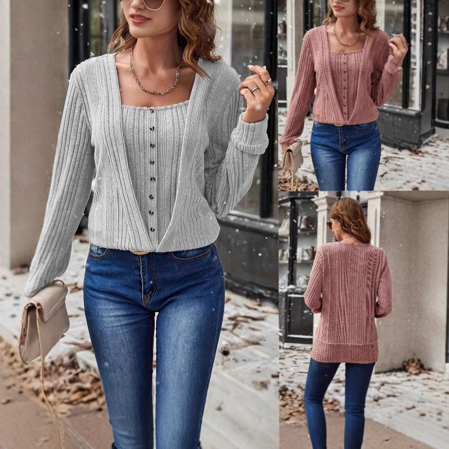 Button Long Sleeve Knitted T-shirt