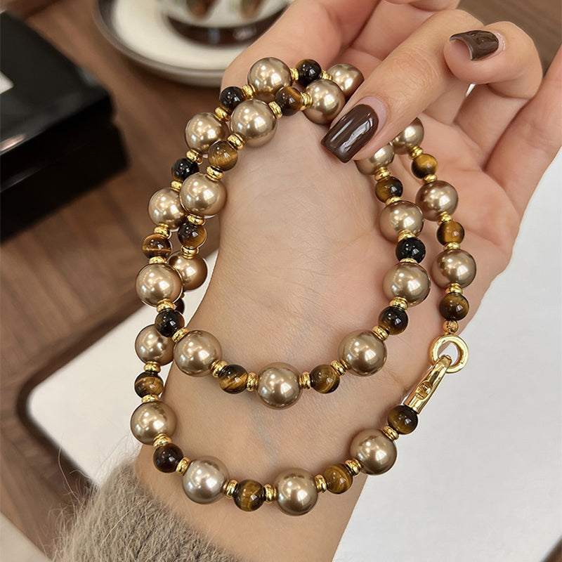 Brown Tiger Eye Pearl Necklace Luxury Chain