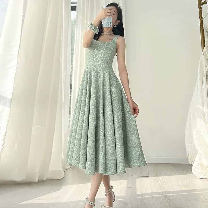 Retro Sling Square Neck Waist Dress Color Tank Top