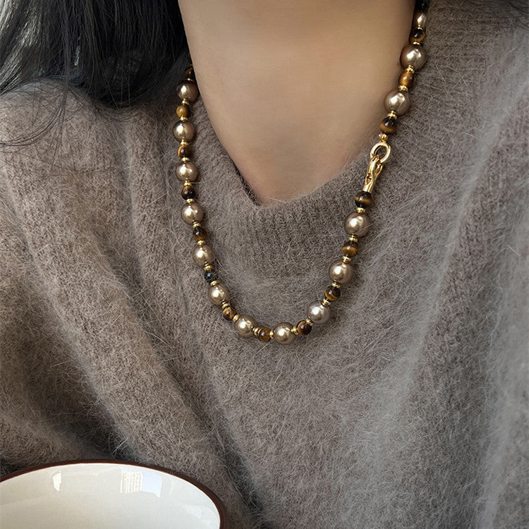 Brown Tiger Eye Pearl Necklace Luxury Chain