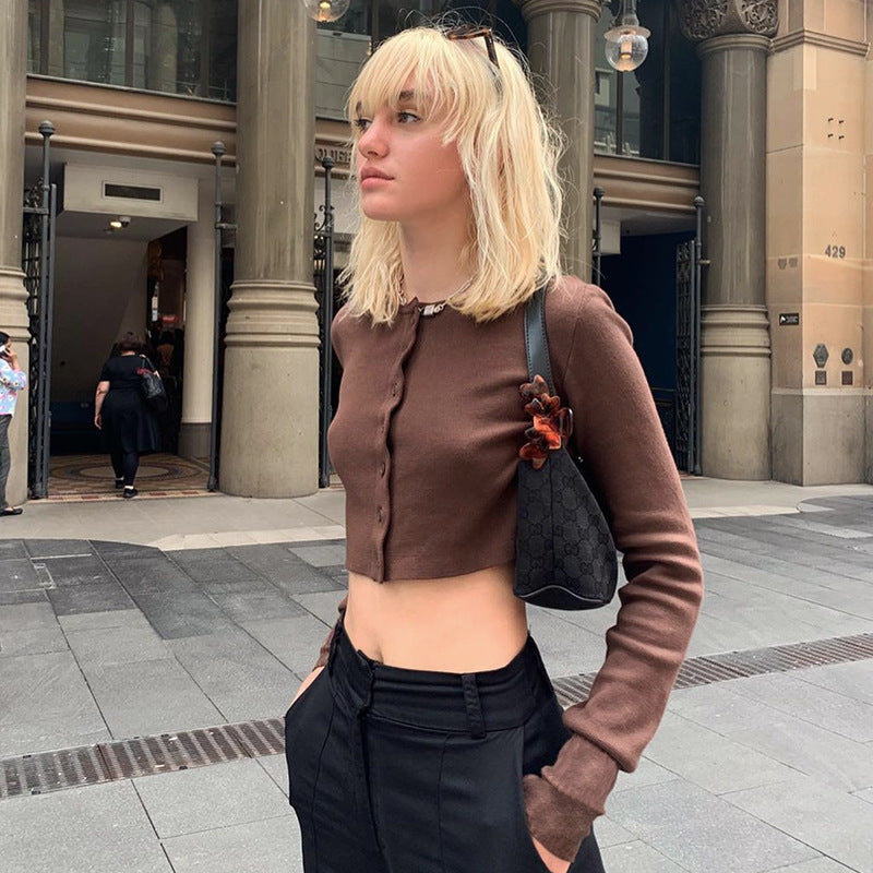 Retro Brown Cardigan Single-breasted Long-sleeved Shirt Women Casual Short Jacket
