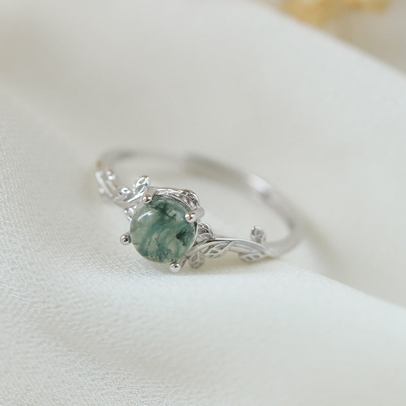 S925 Silver Green Moss Ring Water Plants Agate Stone Ring