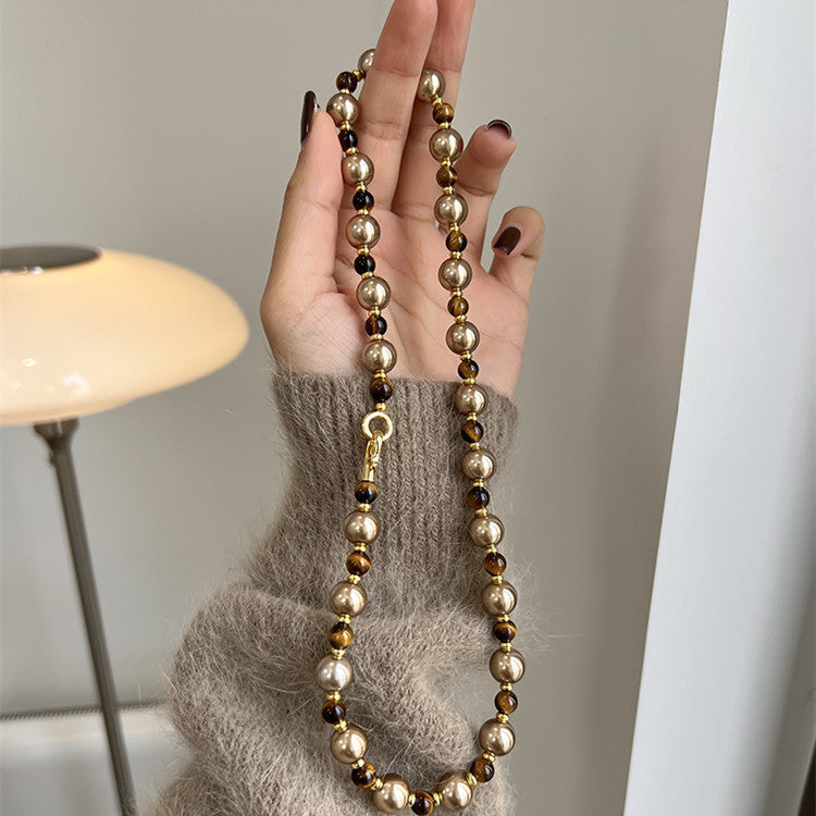 Brown Tiger Eye Pearl Necklace Luxury Chain