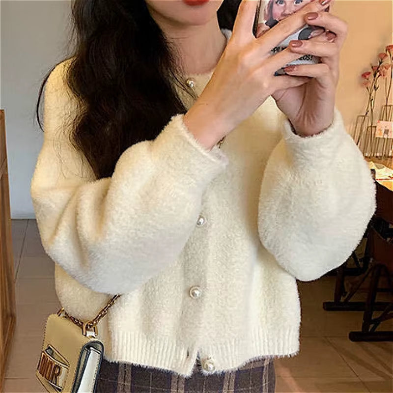 Cardigan Women Solid Knitted Retro Popular Korean Style Jumper Sweaters Newest Daily All-Match Loose O-Neck Vintage Soft Autumn