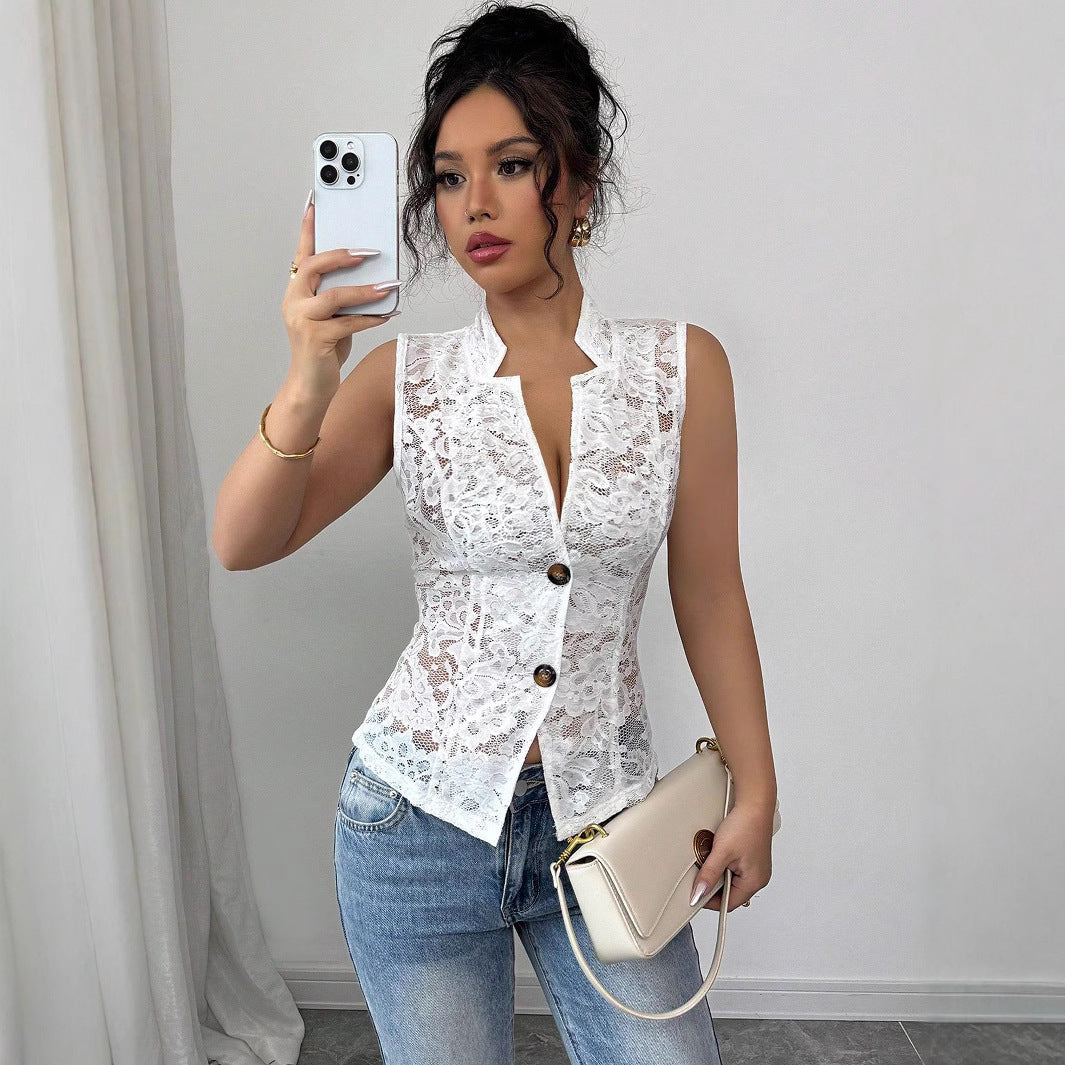 Sexy Young Hollow Chest Jacquard Design See-through Lapel Skinny Lace Cardigan
