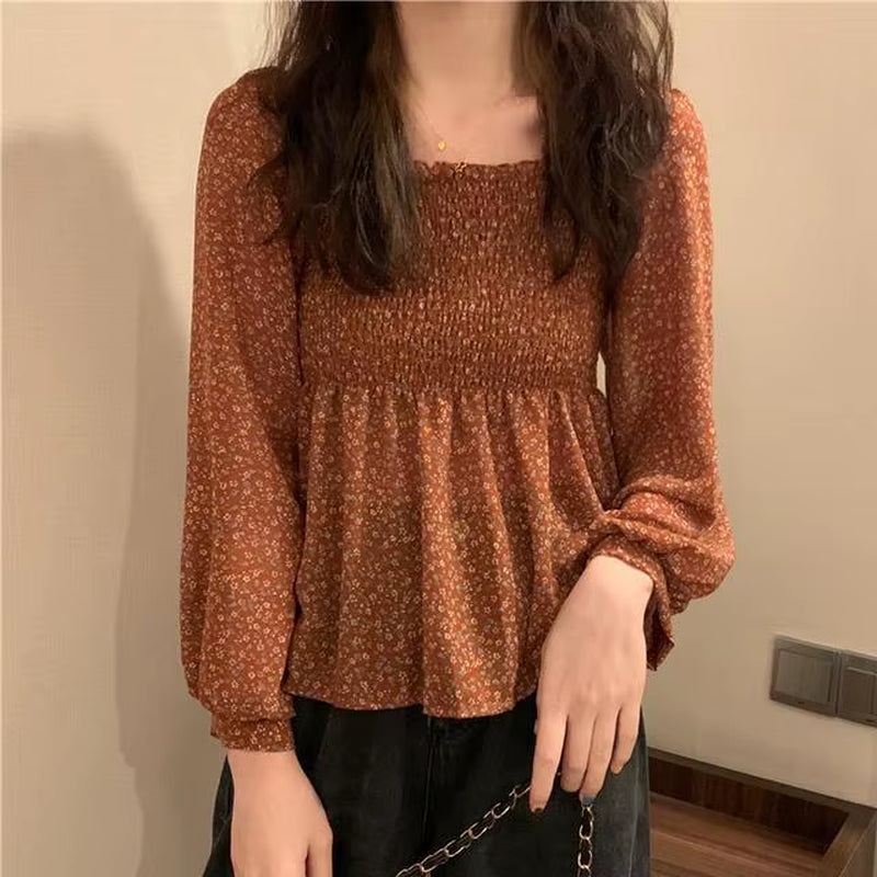 Blouse Women Sweet Korean Style Lovely Ladies Simple Lantern Sleeve Ruffles Popular Square Collar Thin Prairie Chic Holiday Tops