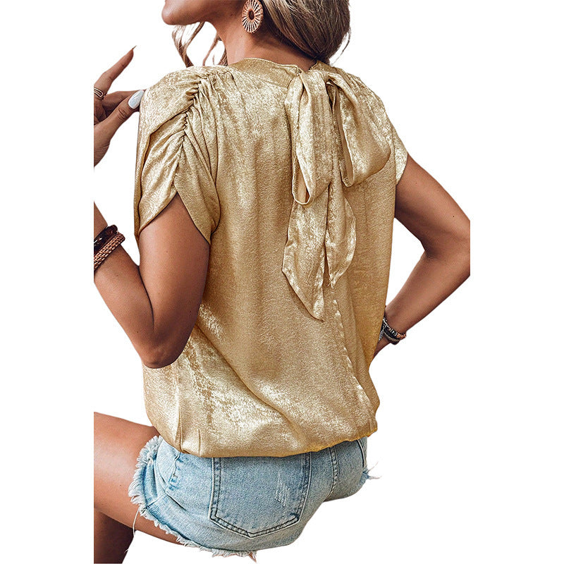 Women's Lace Up Round Neck Chiffon Shirt