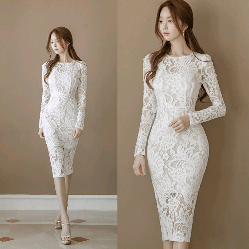 Dress autumn new Korean lace slim bag hip fashion round neck long dress women's step skirt
