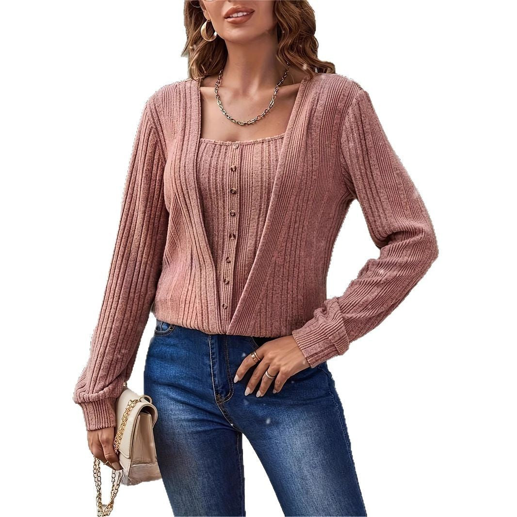 Button Long Sleeve Knitted T-shirt
