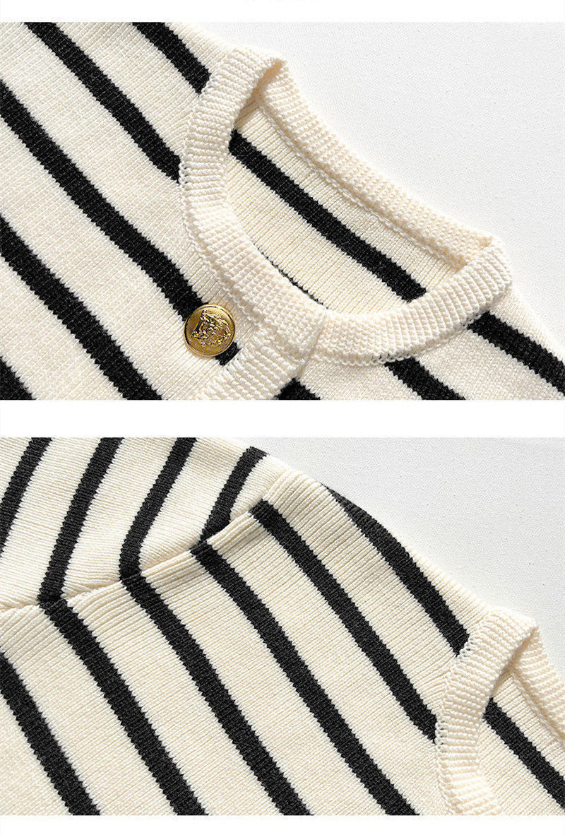 Black And White Striped Knitted Cardigan Women's Outer Wear Cropped Sweater Coat