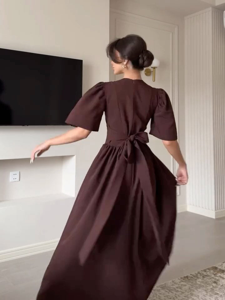 Brown Puff Sleeve Strappy Swing Dress