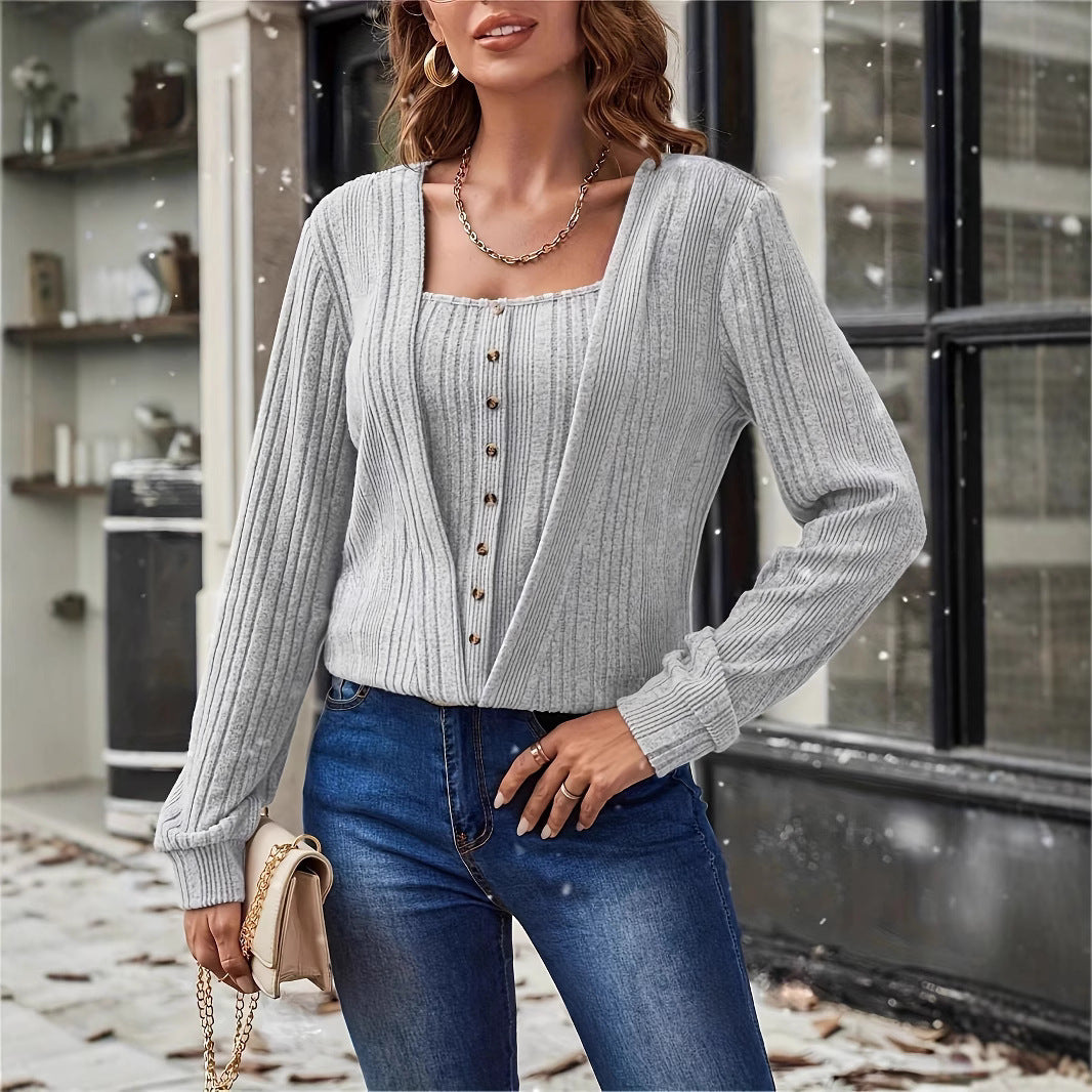 Button Long Sleeve Knitted T-shirt