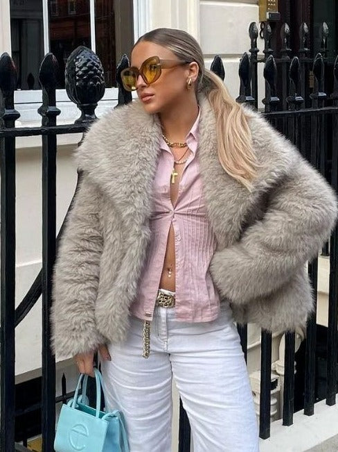 Winter Plush Coat Fashion Warm Thicken Fluffy Lapel Jacket Outwear Long Sleeve