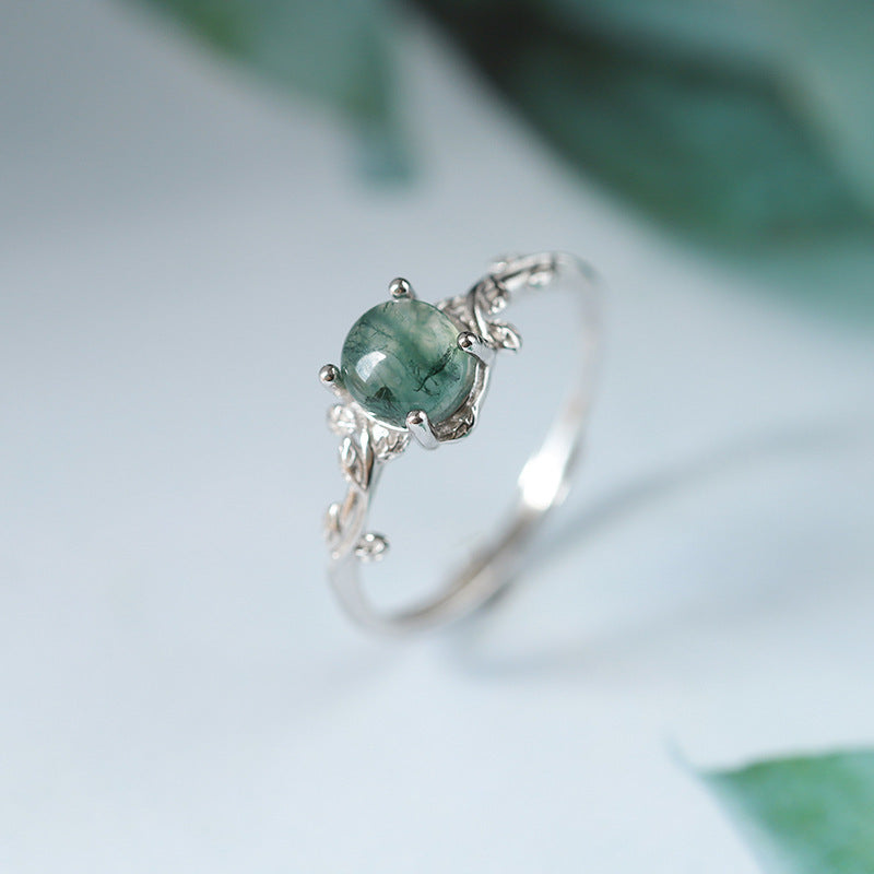S925 Silver Green Moss Ring Water Plants Agate Stone Ring