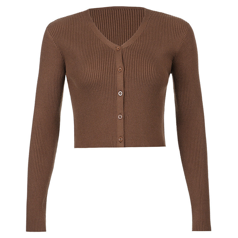 Retro Brown Cardigan Single-breasted Long-sleeved Shirt Women Casual Short Jacket