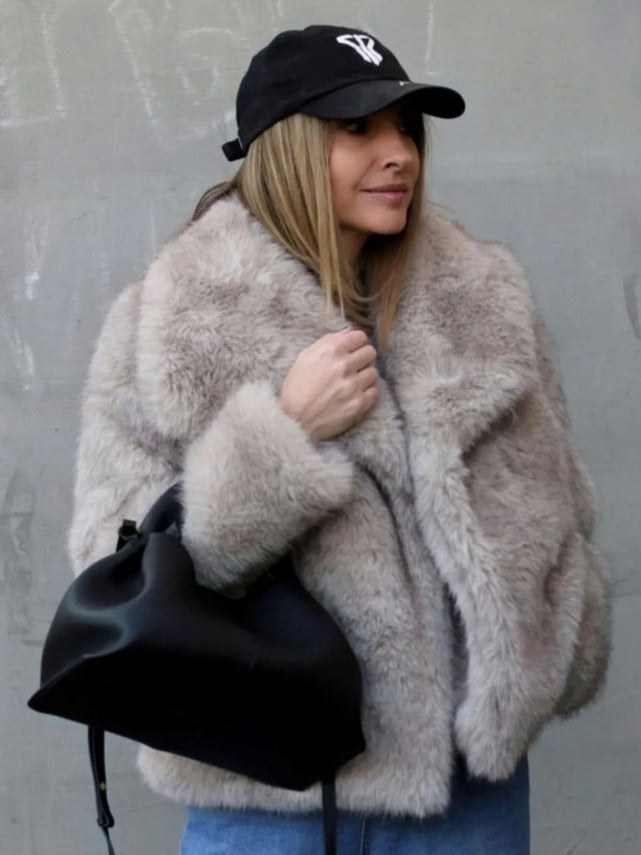 Winter Plush Coat Fashion Warm Thicken Fluffy Lapel Jacket Outwear Long Sleeve