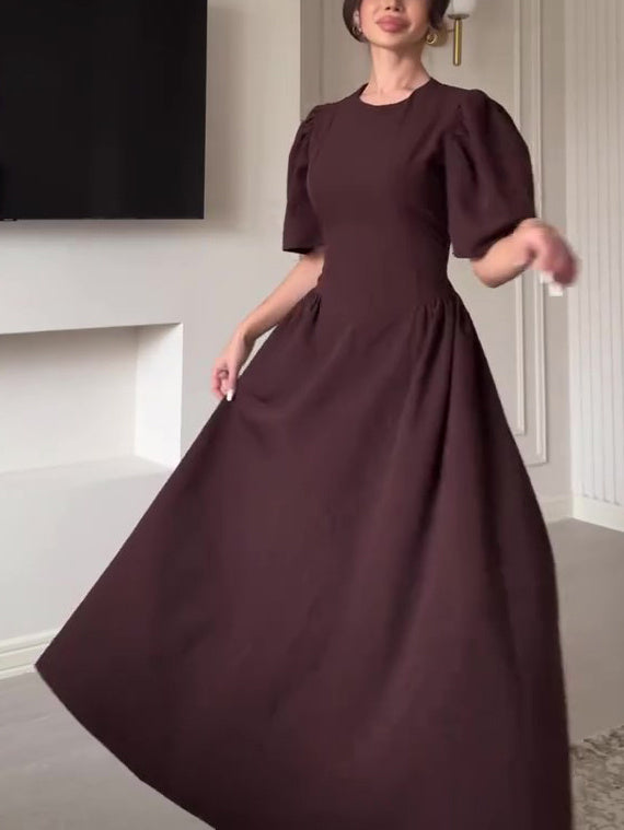 Brown Puff Sleeve Strappy Swing Dress