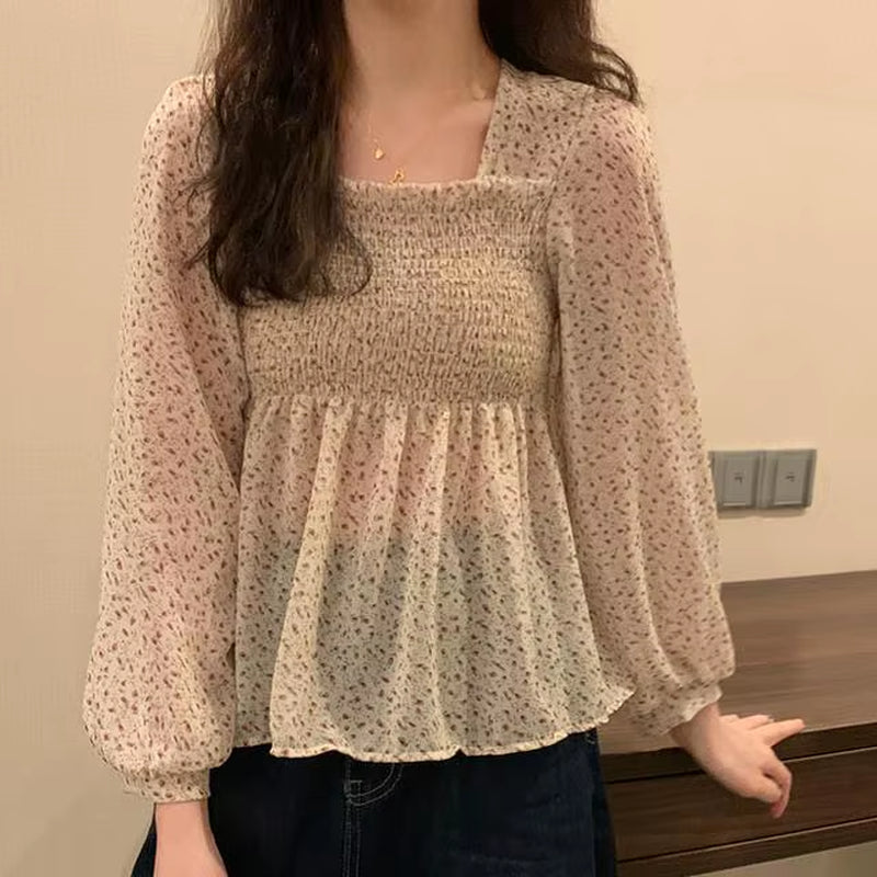 Blouse Women Sweet Korean Style Lovely Ladies Simple Lantern Sleeve Ruffles Popular Square Collar Thin Prairie Chic Holiday Tops