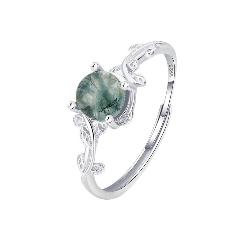 S925 Silver Green Moss Ring Water Plants Agate Stone Ring