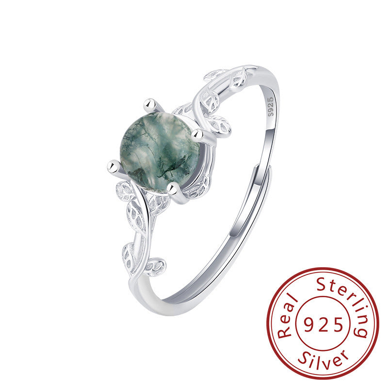 S925 Silver Green Moss Ring Water Plants Agate Stone Ring