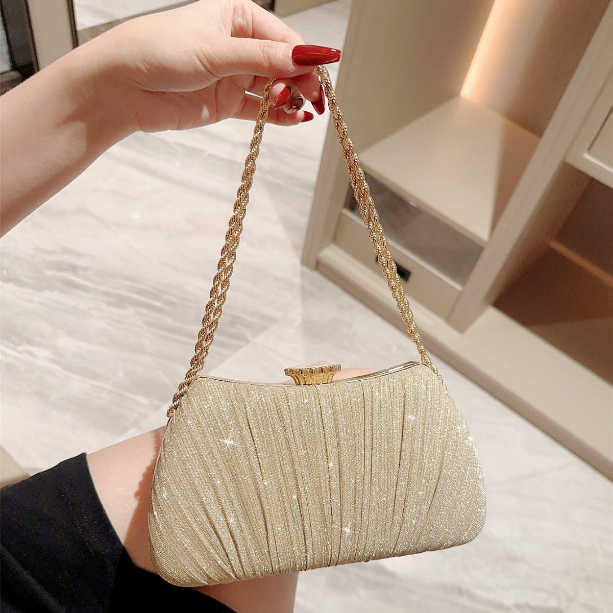 Golden Hour Clutch Shiny Pleated Evening Party Prom Bag