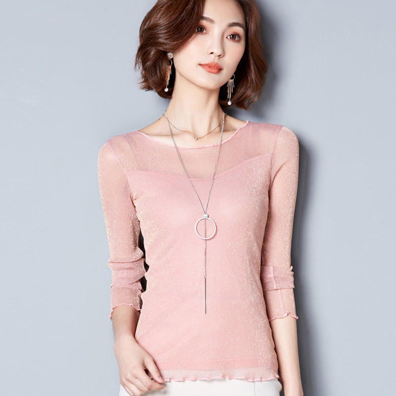 Simple Round Neck Gold And Silver Mesh Sexy Base Shirt