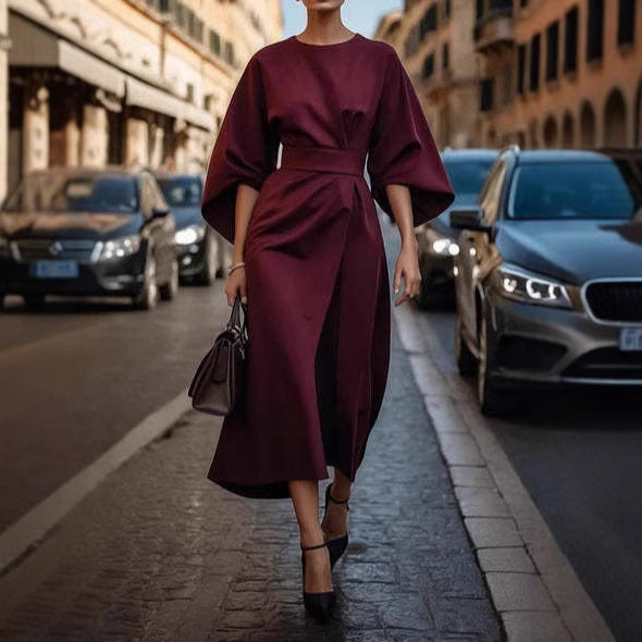 Loose Batwing Sleeve Dress Fashion Waist-tighted Elegant Dresses