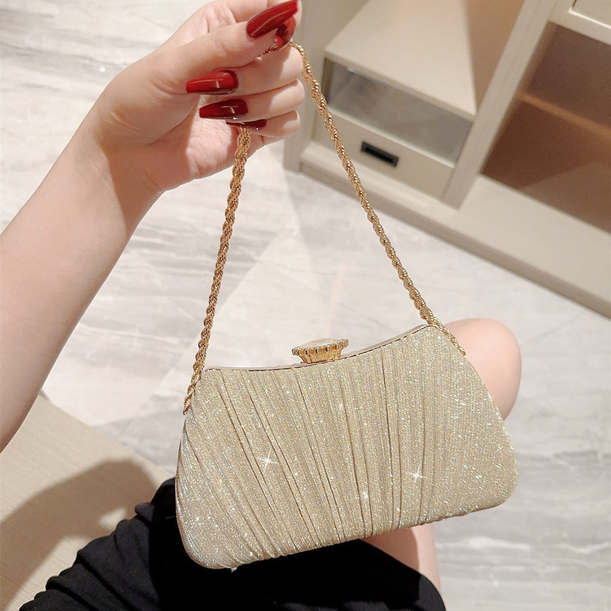 Golden Hour Clutch Shiny Pleated Evening Party Prom Bag