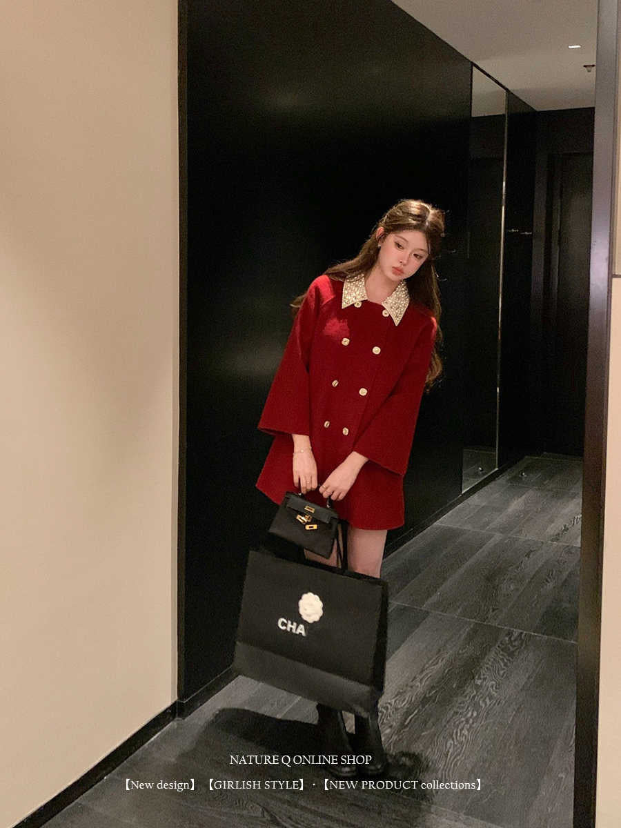 Luxurious Women's Double-faced Woolen Goods Artificial Wool Black Coat