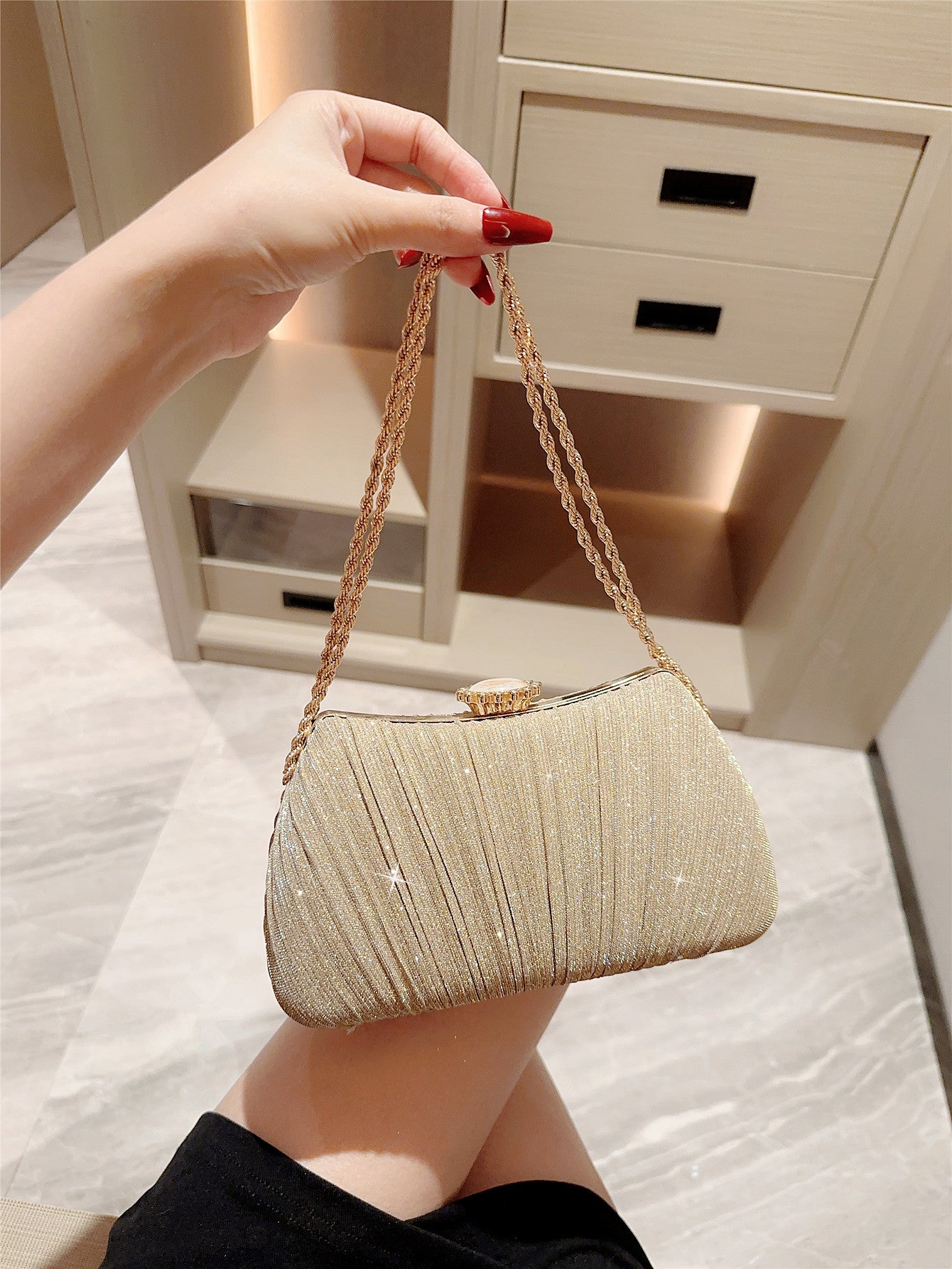 Golden Hour Clutch Shiny Pleated Evening Party Prom Bag