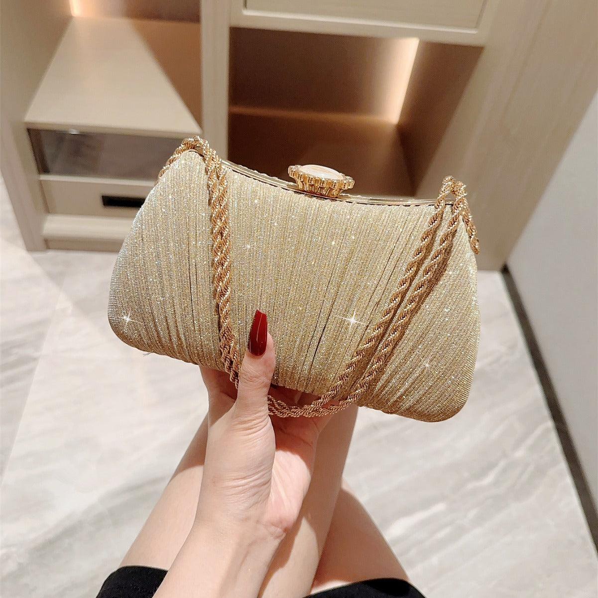 Golden Hour Clutch Shiny Pleated Evening Party Prom Bag