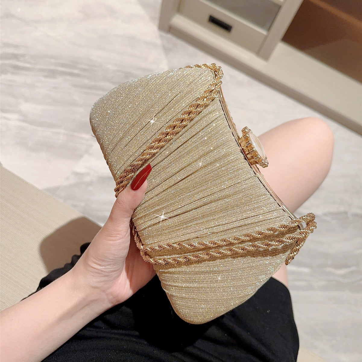 Golden Hour Clutch Shiny Pleated Evening Party Prom Bag