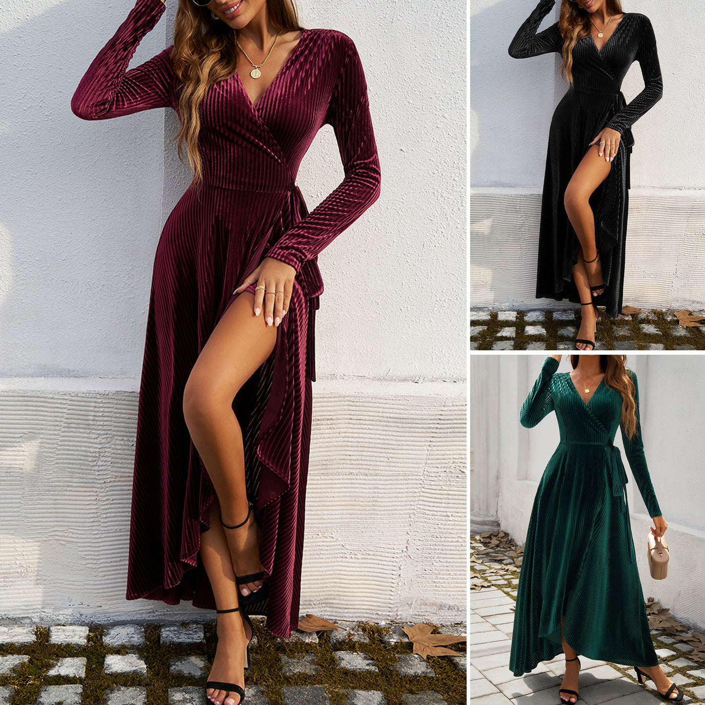Velvet Allure wrap dress Autumn And Winter Elegant High Waist Slit Dress