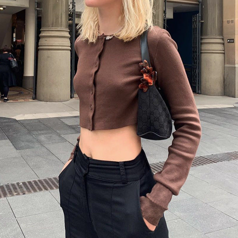 Retro Brown Cardigan Single-breasted Long-sleeved Shirt Women Casual Short Jacket