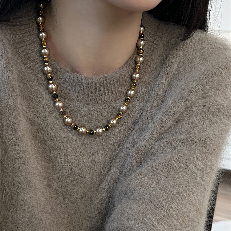 Brown Tiger Eye Pearl Necklace Luxury Chain