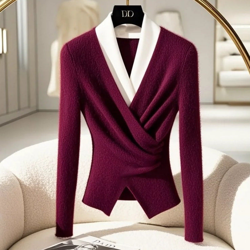 Long Sleeve V-neck Red Assorted Colors False-two-piece Sweater