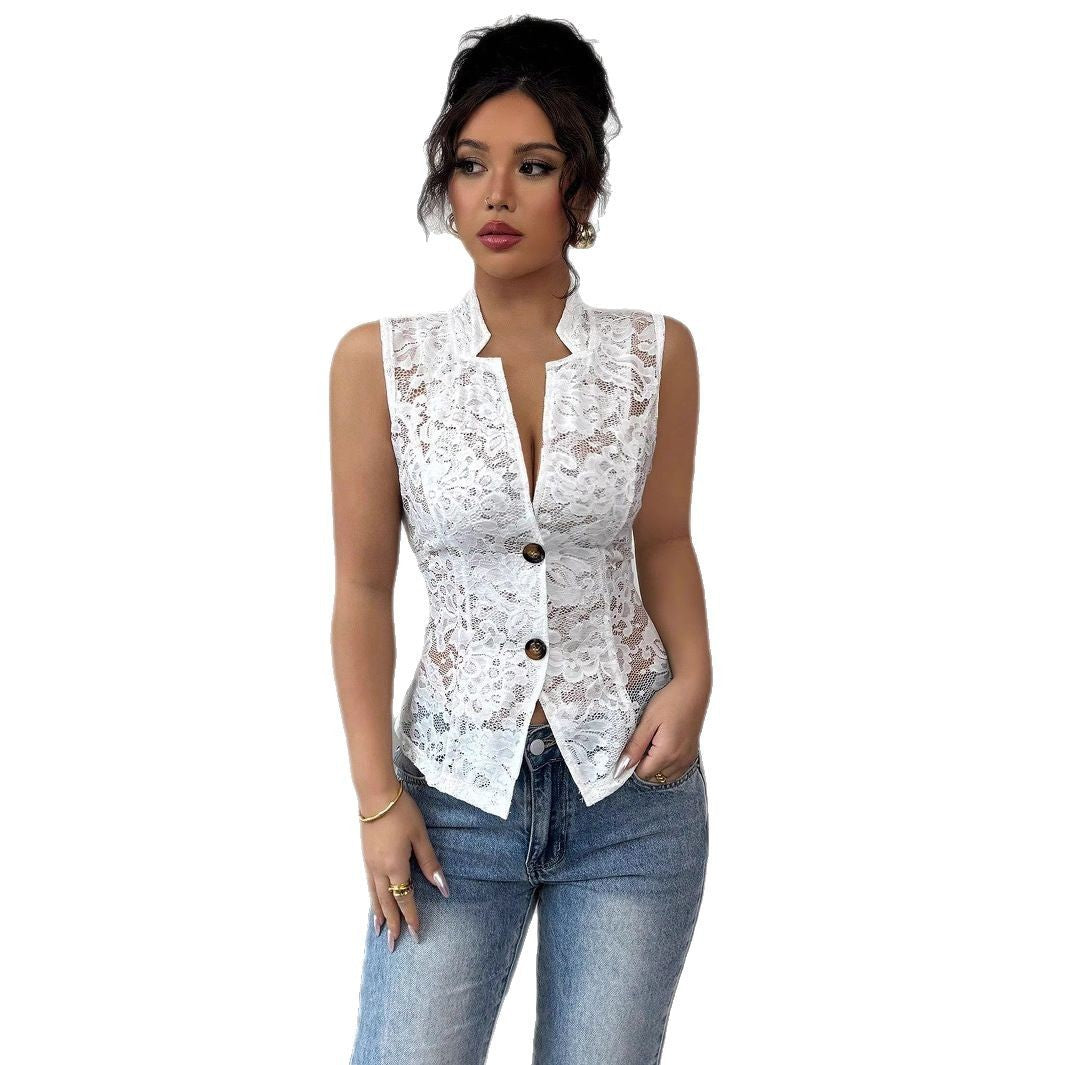Sexy Young Hollow Chest Jacquard Design See-through Lapel Skinny Lace Cardigan