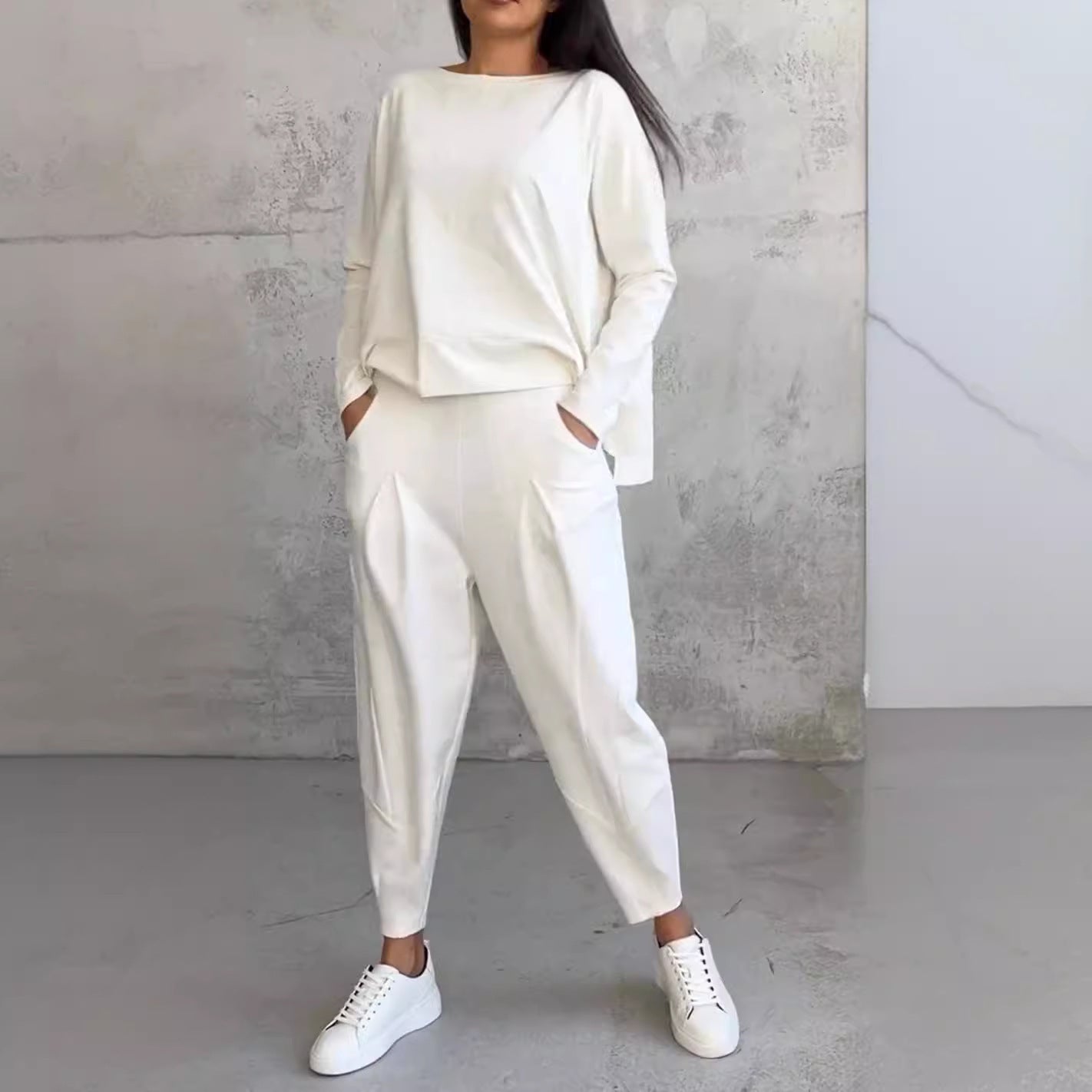 Women's Irregular Suit Long-sleeved Round Neck Top And Loose Harem Pants With Pockets Ins Fashion Trousers Set Women's Clothing