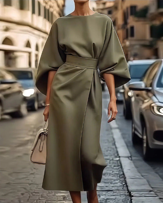 Loose Batwing Sleeve Dress Fashion Waist-tighted Elegant Dresses