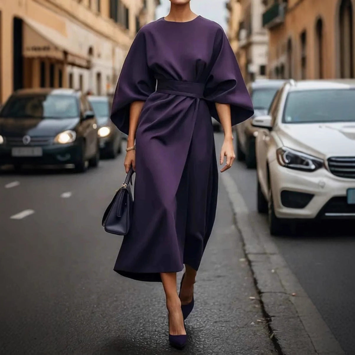 Loose Batwing Sleeve Dress Fashion Waist-tighted Elegant Dresses